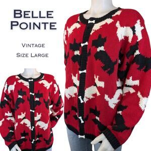 VTG BellePointe Scottie Dog Cardigan Large 80s 90s Red Black White Bone Buttons